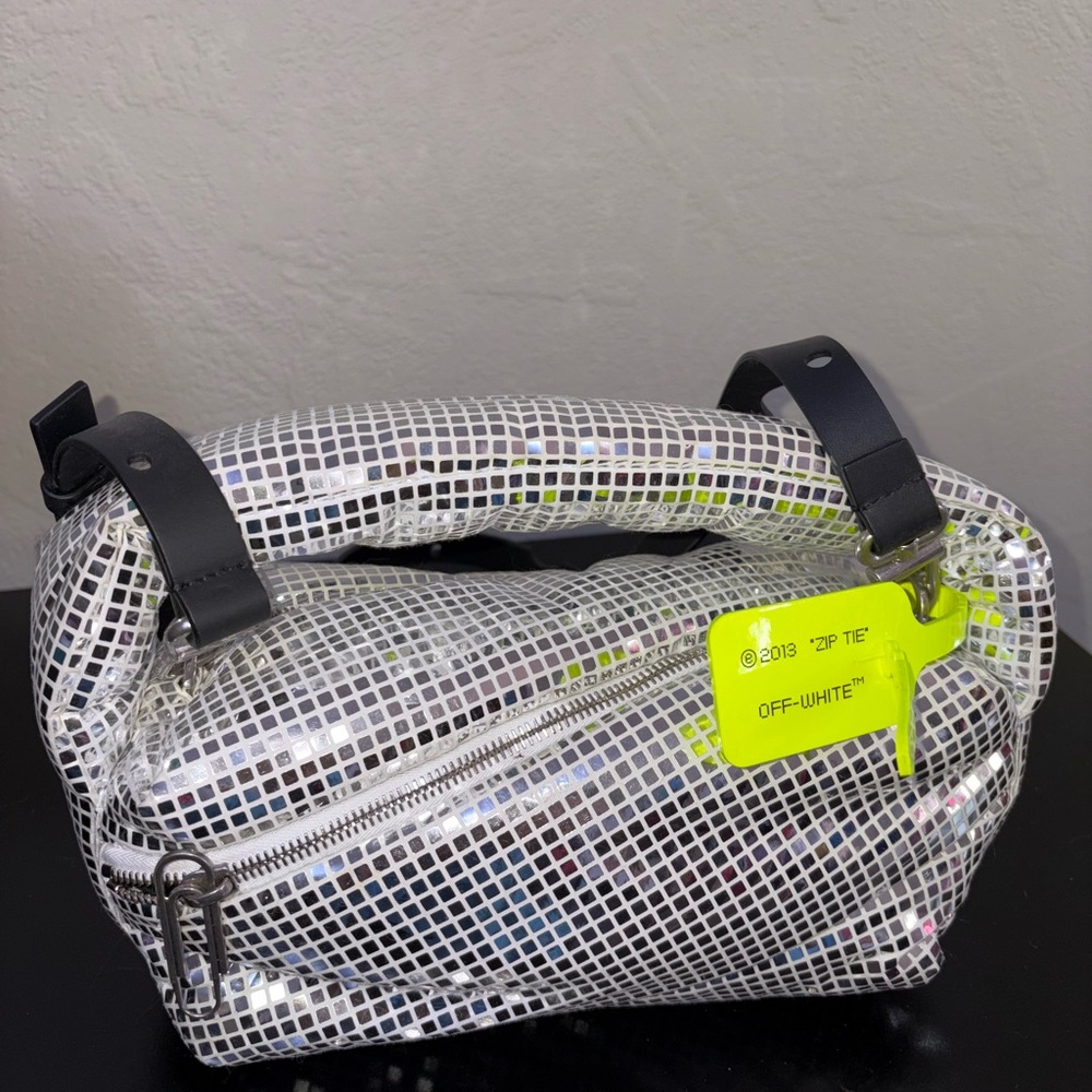 Off-White Silver Grid Disco Inspired Bag with Black Accents